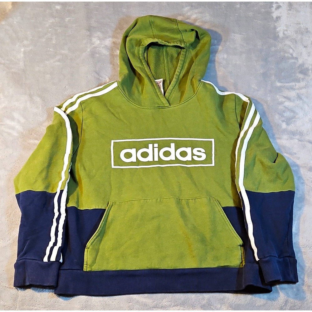 adidas Boys L Green/Blue Colorblock Fleece Hoodie Logo Pockets